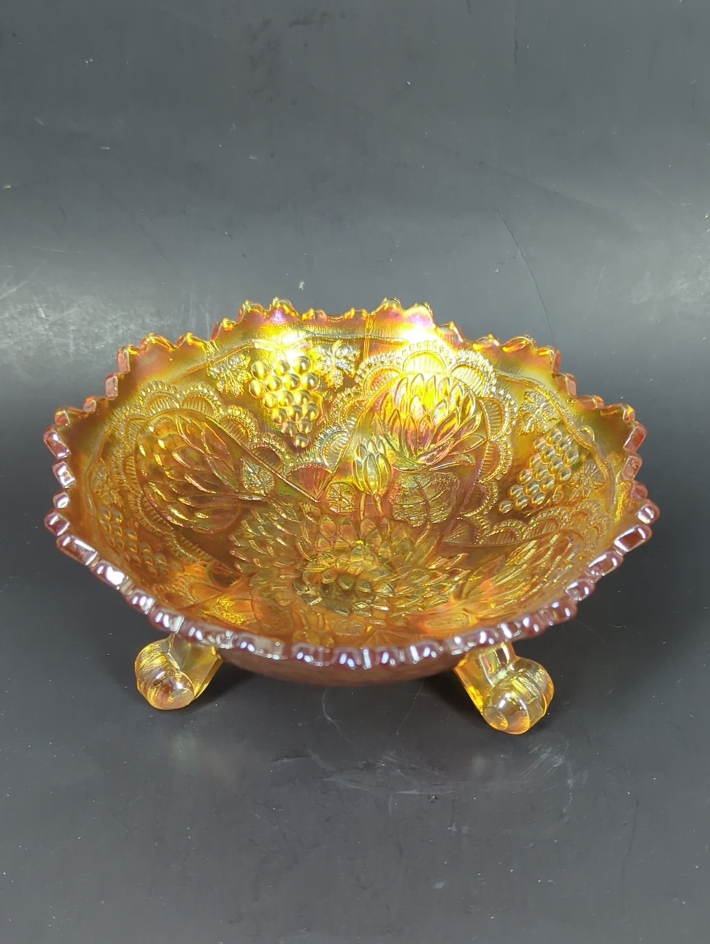 Fenton Lotus And Grape Marigold Iridescent Carnival Glass Three Footed Bowl